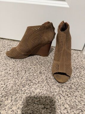 Moda Spana Brown Perforated Suede Peep-Toe Wedge Booties